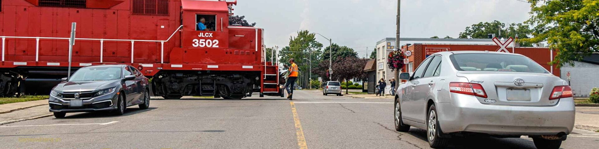 Train crossing road in Port Colborne, Ontario