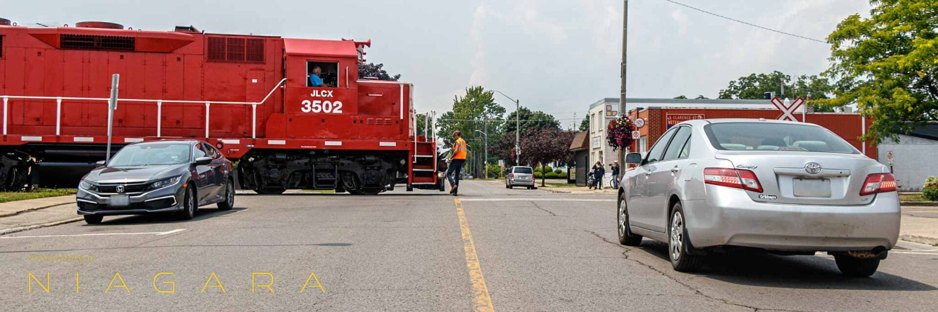 Train crossing road in Port Colborne, Ontario
