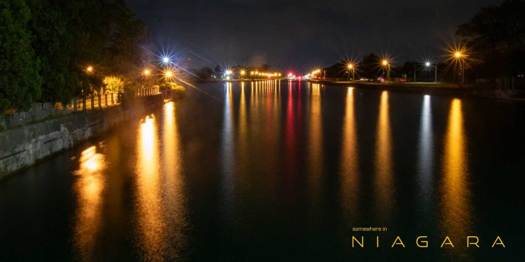 Welland Canal, seen from the Clarence Street Bridge in Port Colborne, at night.