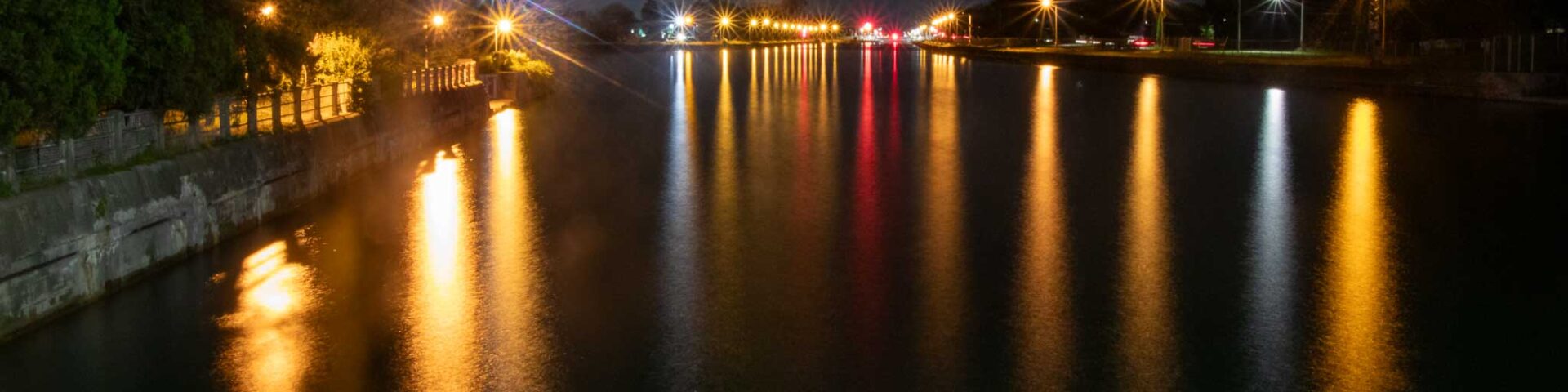 Welland Canal, seen from the Clarence Street Bridge in Port Colborne, at night.