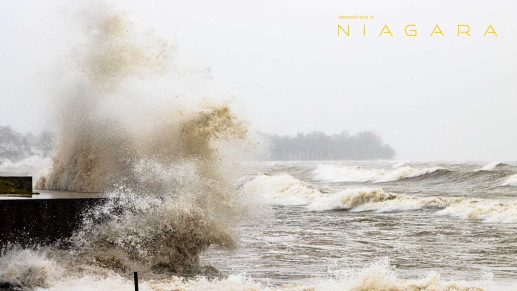 Wave crashing against the shore in Lowbanks, Ontario, as alake effect pushes Lake Erie ashore.