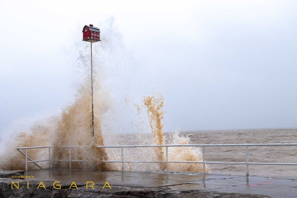 Waves hit a bird house on the Lake Erie shore