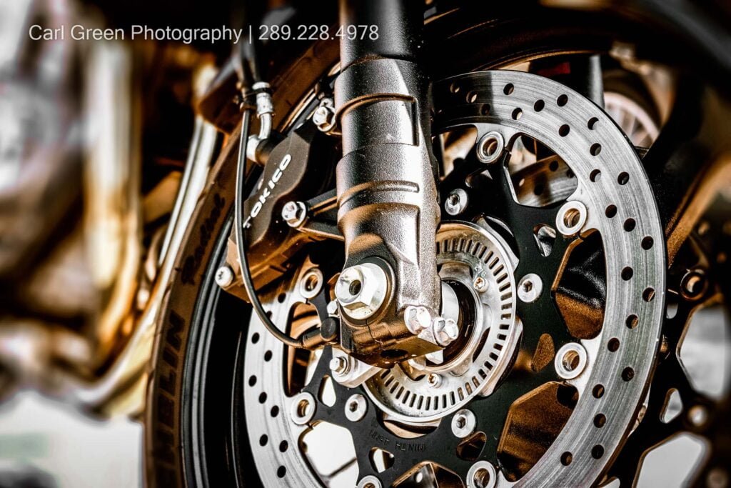 Close up of motorcycle front wheel