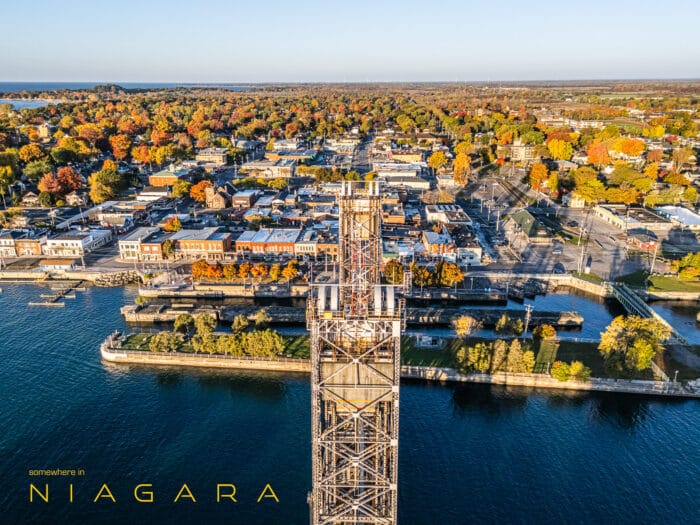 Aerial photography above the Clarence Street Bridge in Port Colborne.