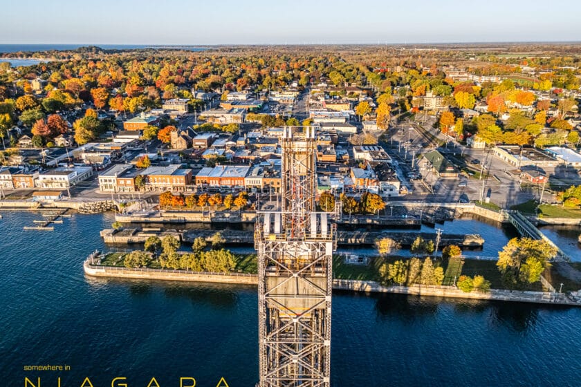 Aerial photography above the Clarence Street Bridge in Port Colborne.