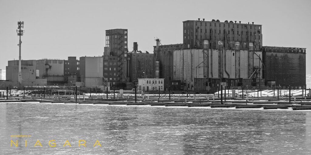 Port Colborne grain elevators beside the Sugarloaf Marina.