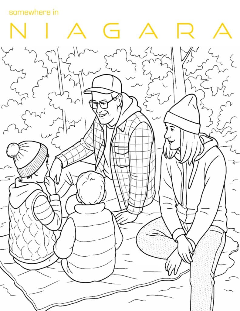 Drawing of a family enjoying a picnic somewhere in niagara.