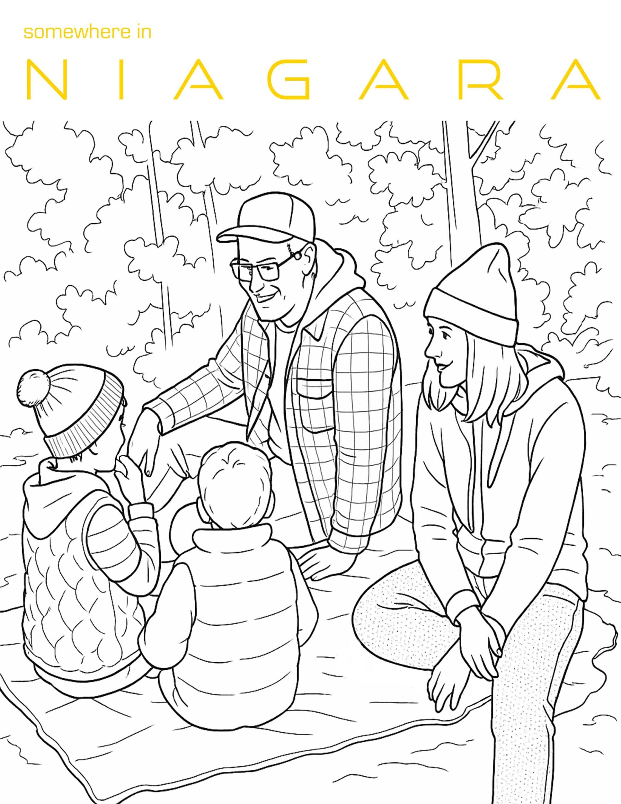 Drawing of a family enjoying a picnic somewhere in niagara.