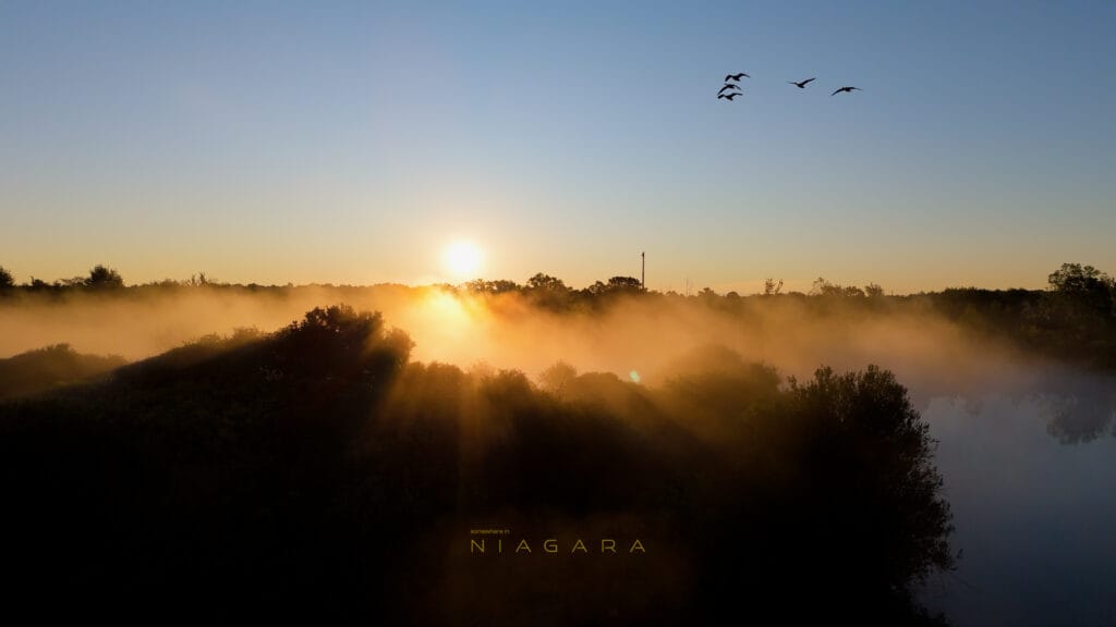 Aerial view of sunrise over a misty lake