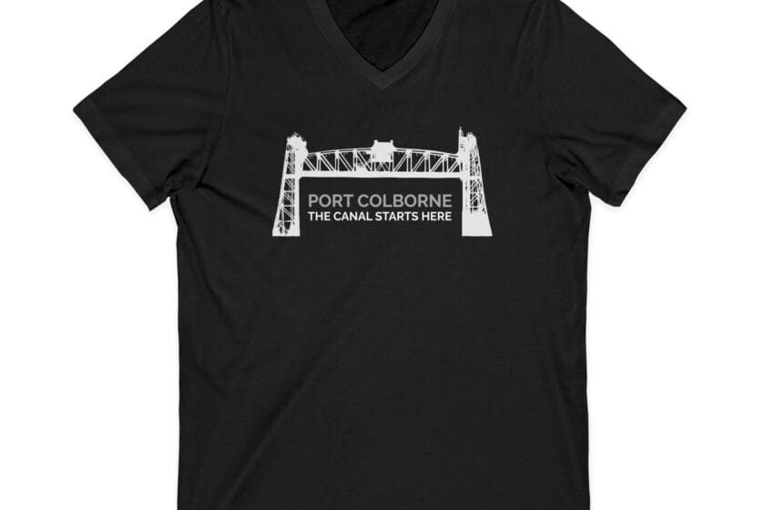 "The Canal Starts Here" T-shirt picturing the Clarence Street bridge in Port Colborne.