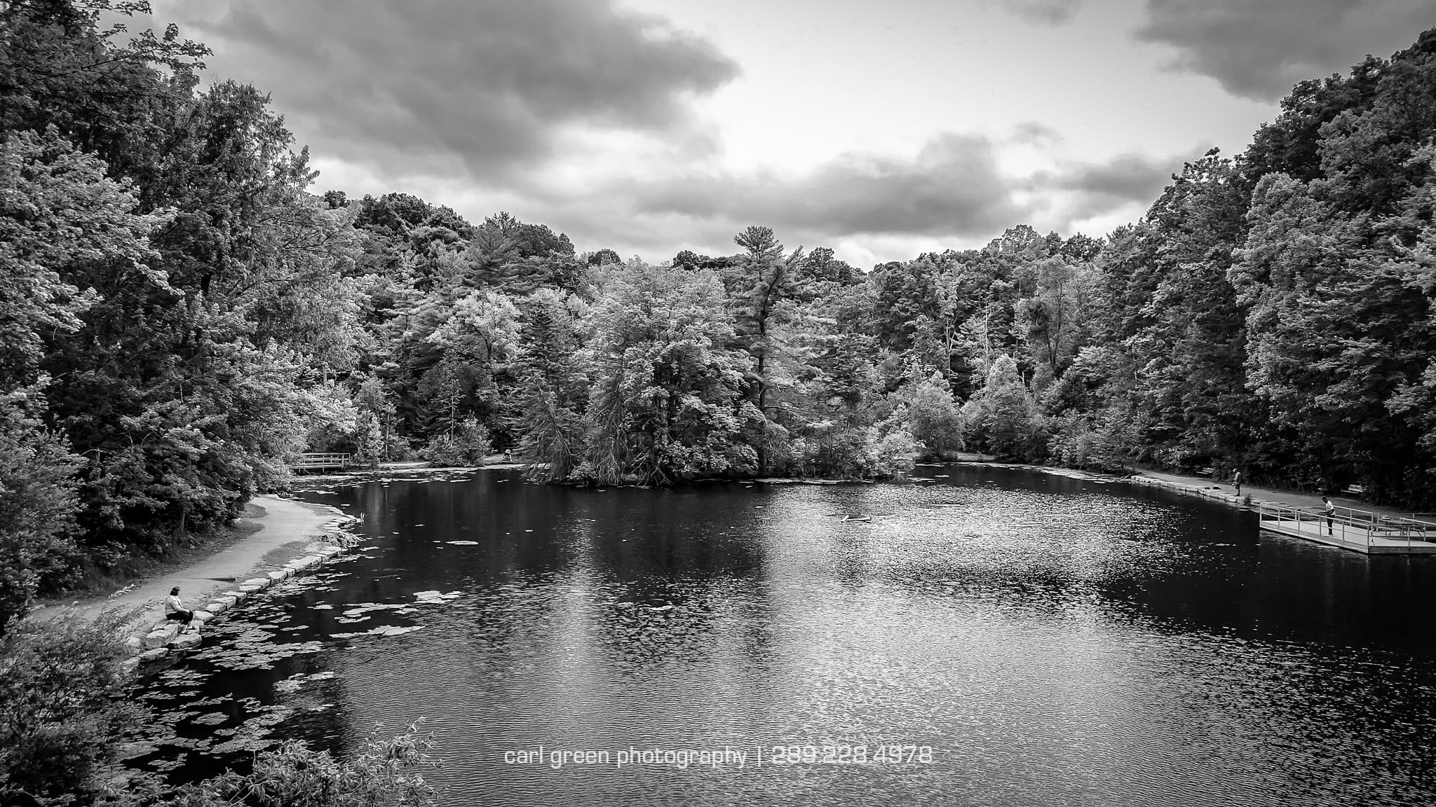 St. Johns Conservation Area fishing lake in black and white.