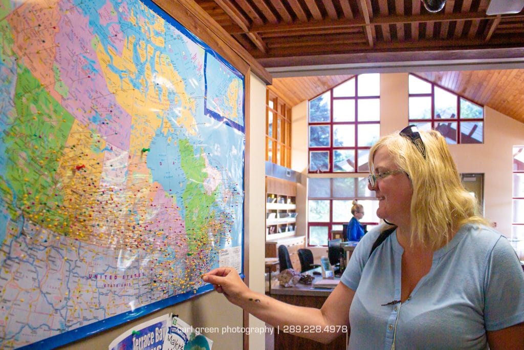 Placing a pin on the map at the Terry Fox Memorial, Thunder Bay, Ontario.